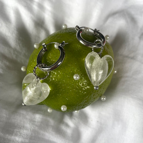 Clear Silver Heart Hoops