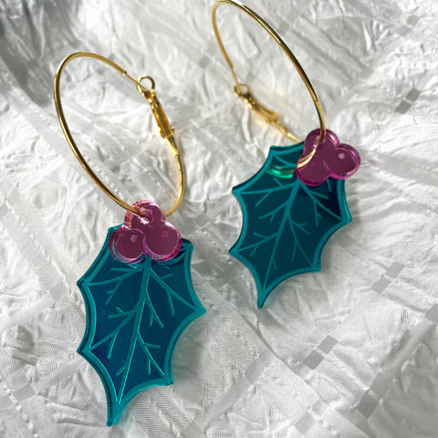 Christmas Teal & Pink Mirror Holly Hoops