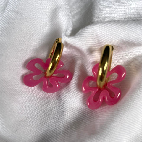 Pink Flower Gold Hoops