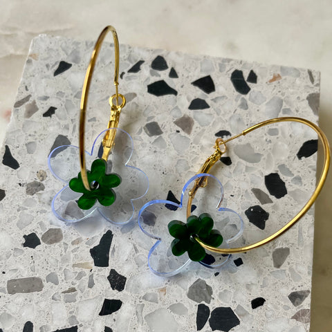Transparent Blue & Green Flower Hoops