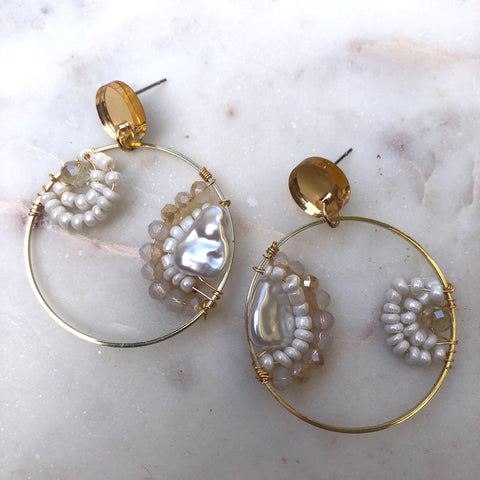 White Beaded Pearl Hoops