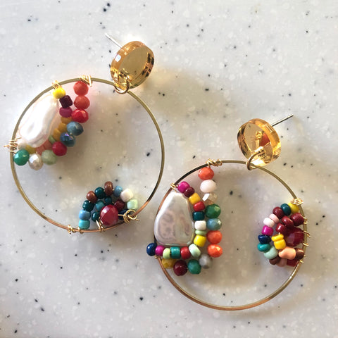 Rainbow Beaded Pearl Hoops