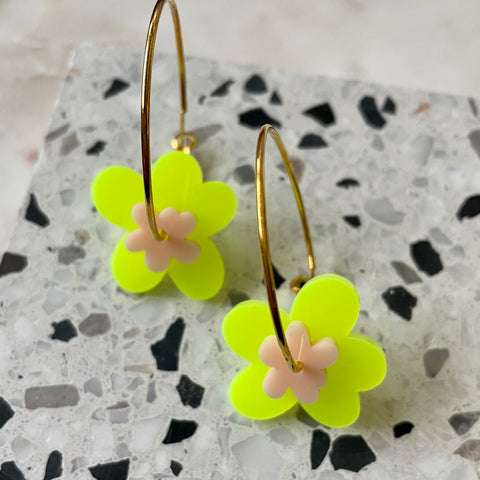 Neon Yellow & Pink Flower Hoops