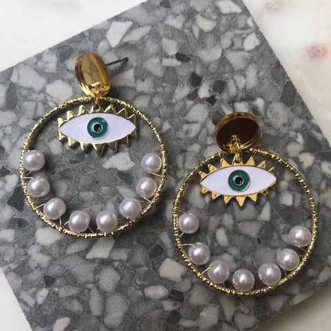 Enamel Eye Pearl Gold Hoops