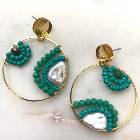Turquoise Beaded Pearl Hoops