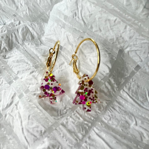 Christmas Pink & Gold Tree Hoops