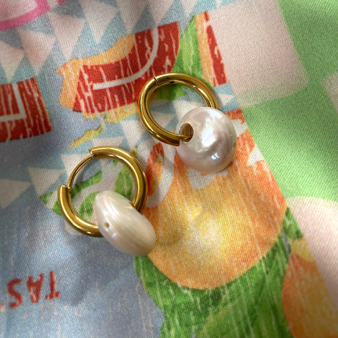 18k Gold Plated Freshwater Pearl Circle Hoops