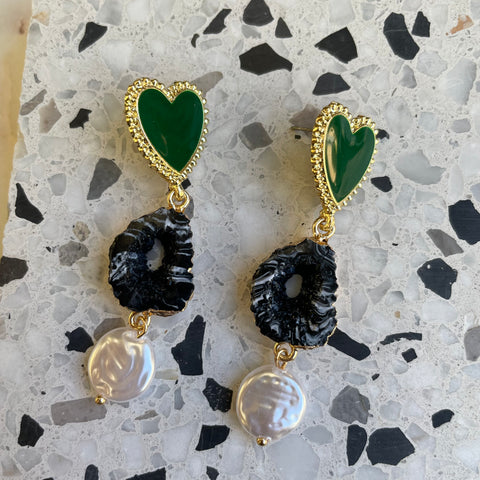 Enamel Green Hearts & Black Crystal Pearl Drops
